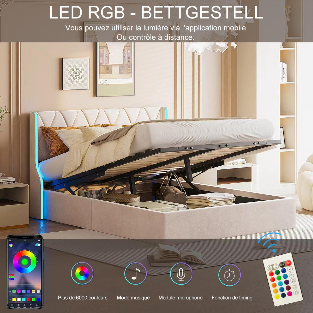 POLSTERBETT 140x190 cm mit LED, Stauraum, Lattenrost, Beige - Beige, Metall (140/190cm)