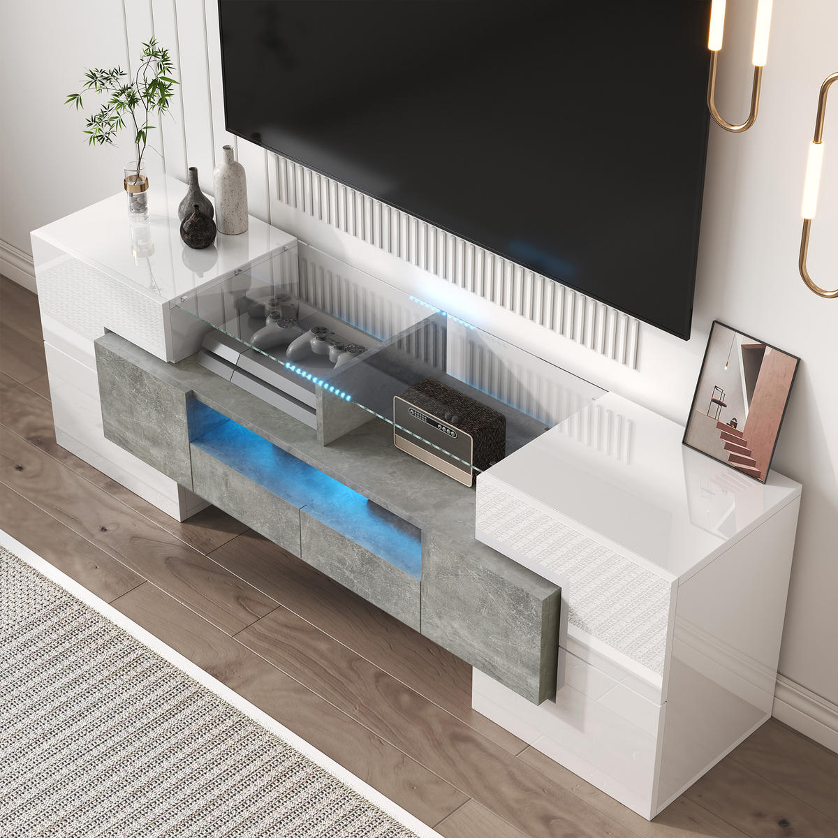 TV-SCHRANK in Hochglanz Weiß/Beton mit LED, 6 Türen und 2 Schubladen 145/30/51 cm - Weiß, Holzwerkstoff (145/51/30cm) - Redom