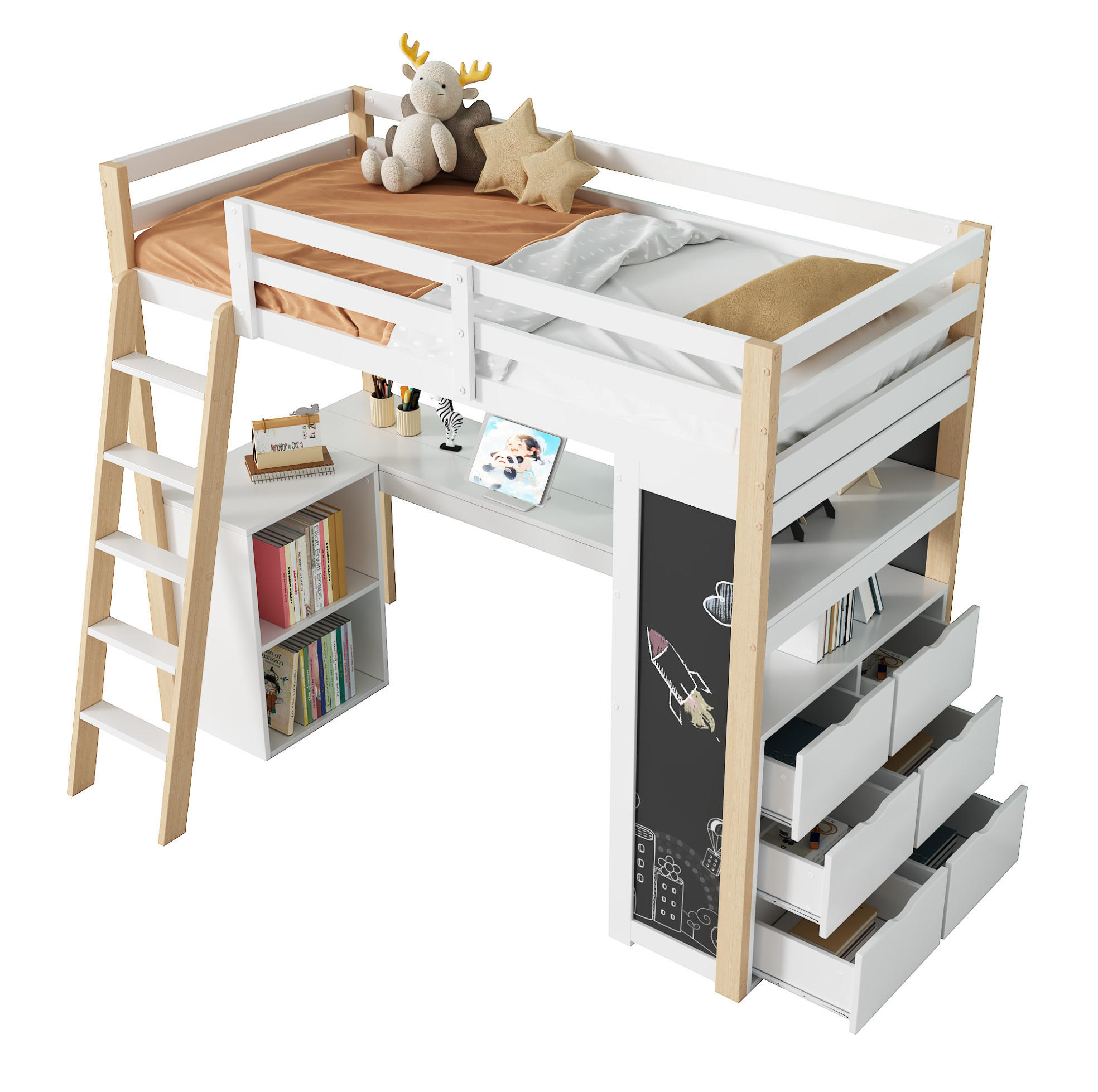 HOCHBETT mit Schreibtisch 90/200 cm in Weiß/Natur – mit Stauraum und Leiter - Weiß, Holzwerkstoff (90/200cm) - BEAOK