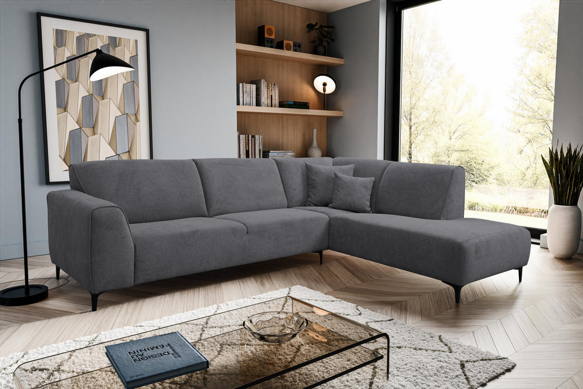 ECKSOFA Mula in L-Form, Coach Farbe: Grau, Velourstoff, Ottomane Rechts - Grau, Textil (274/210cm) - VENASI MÖBEL