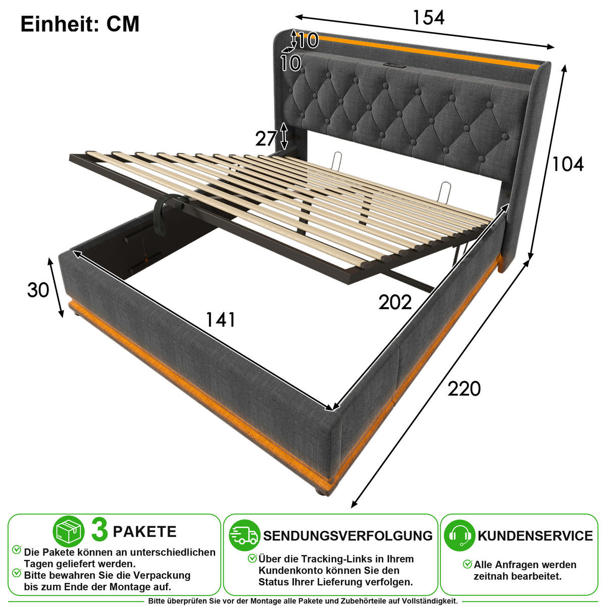 POLSTERBETT 140/200 cm in Grau Leinen mit Bettkasten, LED/USB und Matratze - Grau, Holzwerkstoff/Textil (140/200cm) - CHICFURN