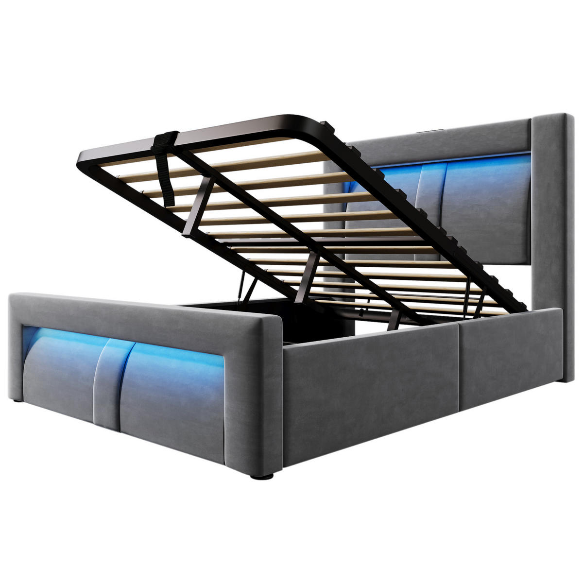 POLSTERBETT 90/200 cm Grau aus Samt mit Stauraum und LED mit Matratze - Grau, Textil (90/200cm) - OKWISH