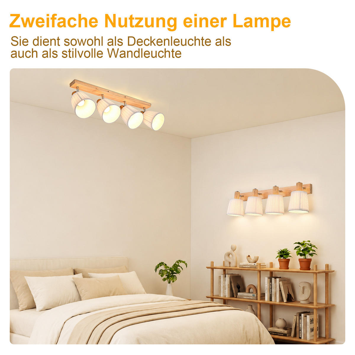 DECKENSTRAHLER Fyrith 66.5/13/19 cm - Weiß/Braun, Holz/Textil (66.5/13/19cm) - ZMH