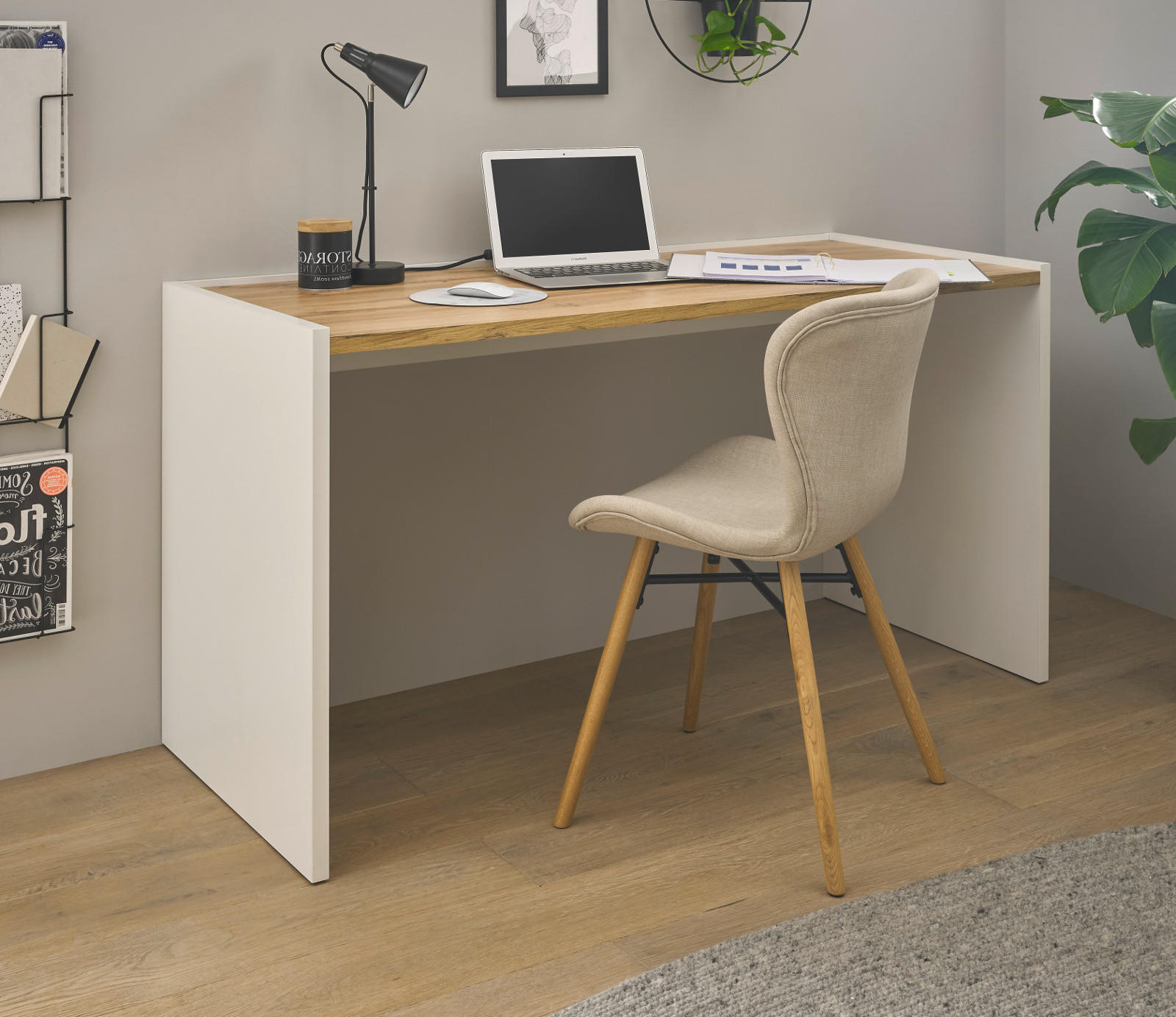 SCHREIBTISCH weiß matt, Eiche Wotan 143 x 62 cm, Laptoptisch mit großer Arbeitsfläche - Silberfarben/Eiche Wotan, Holzwerkstoff/Kunststoff (143/62/76cm) - Furn.Design