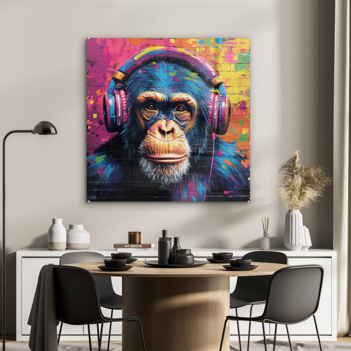 ACRYLGLASBILD Graffiti - Schimpanse - Straßenkunst - Kopfhörer - Affe 90x90 cm - Blau, Glas (90/90cm) - MuchoWow
