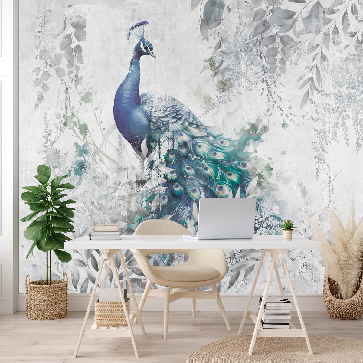 FOTOTAPETE für Schlafzimmer Abstrakte Vogel Pfau Beton Blätter 500x350 - Türkis/Blau, Papier (500/350cm) - Muralo