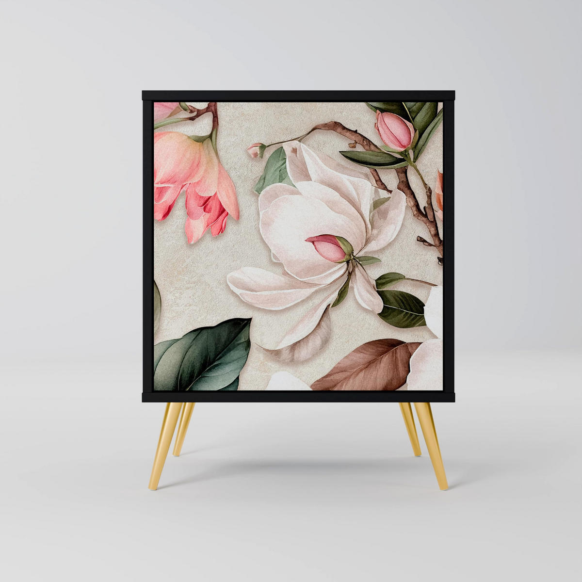 SIDEBOARD FLORAL GRACE, Schwarz, 57,5x42x67,5 cm, Schwarze Metall-Rahmenfüße - Multicolor/Schwarz, Holzwerkstoff/Metall (57.5/67.5/42cm) - SpaceRebels