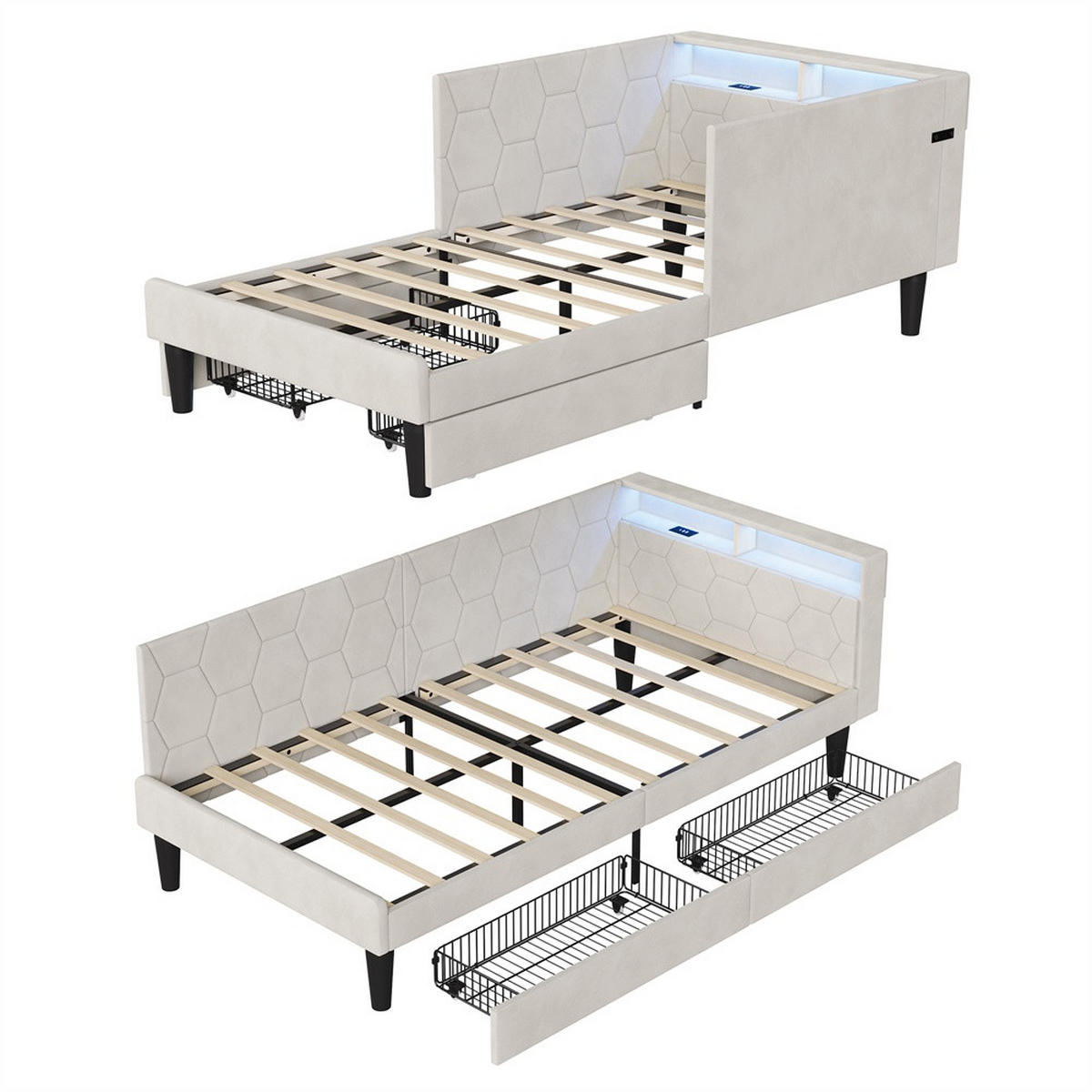 POLSTERBETT 90x200 cm mit Kopfteil-Stauraum - 2 Schubladen - USB Type-C & LED - ohne Matratze - Beige - Beige, Textil (90/200cm) - DELFA