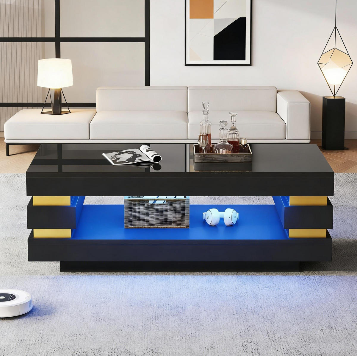 COUCHTISCH aus Spanplatte 100x50x35 cm in Schwarz mit LED-Beleuchtung - Schwarz, Holzwerkstoff (100/50/35cm) - Modfu