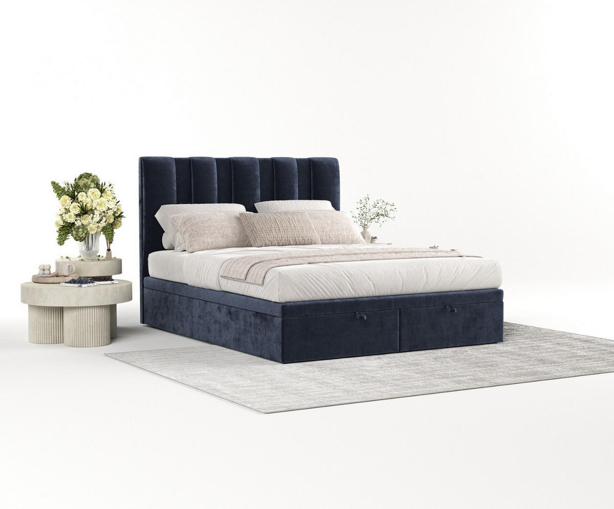 POLSTERBETT Orta mit Stauraum 120/200 cm Marineblau im Lotta Stoff - Schwarz/Dunkelblau, Holz/Holzwerkstoff (120/200cm) - AltaBeds