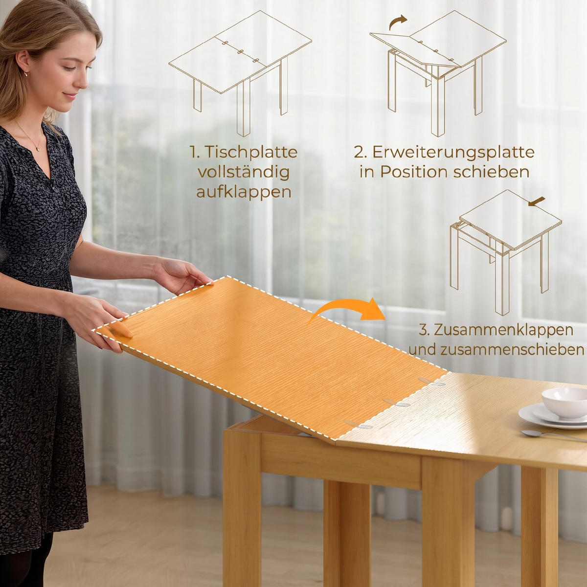AUSZIEHBAR-ESSTISCH Spanplatte Stahl Naturholz - Naturfarben, Holzwerkstoff (140/80/77.5cm) - HOMCOM
