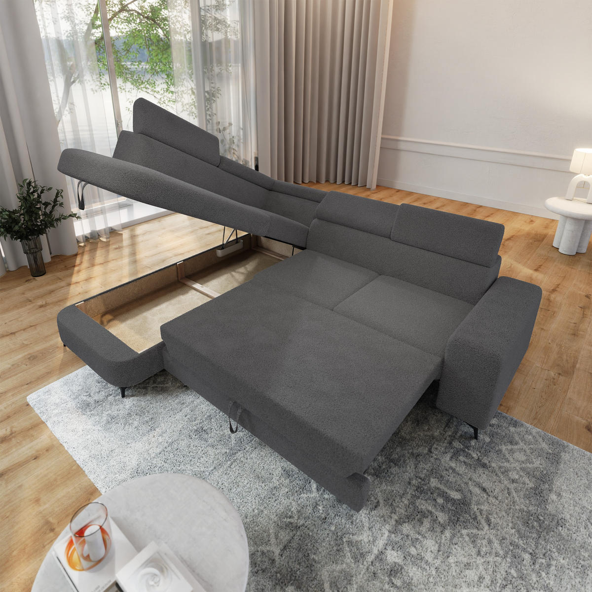 ECKSOFA ALVORO L-S Grau Boucle-Stoff mit Schlaffunktion - Grau, Holz (253/190cm) - MASSENO