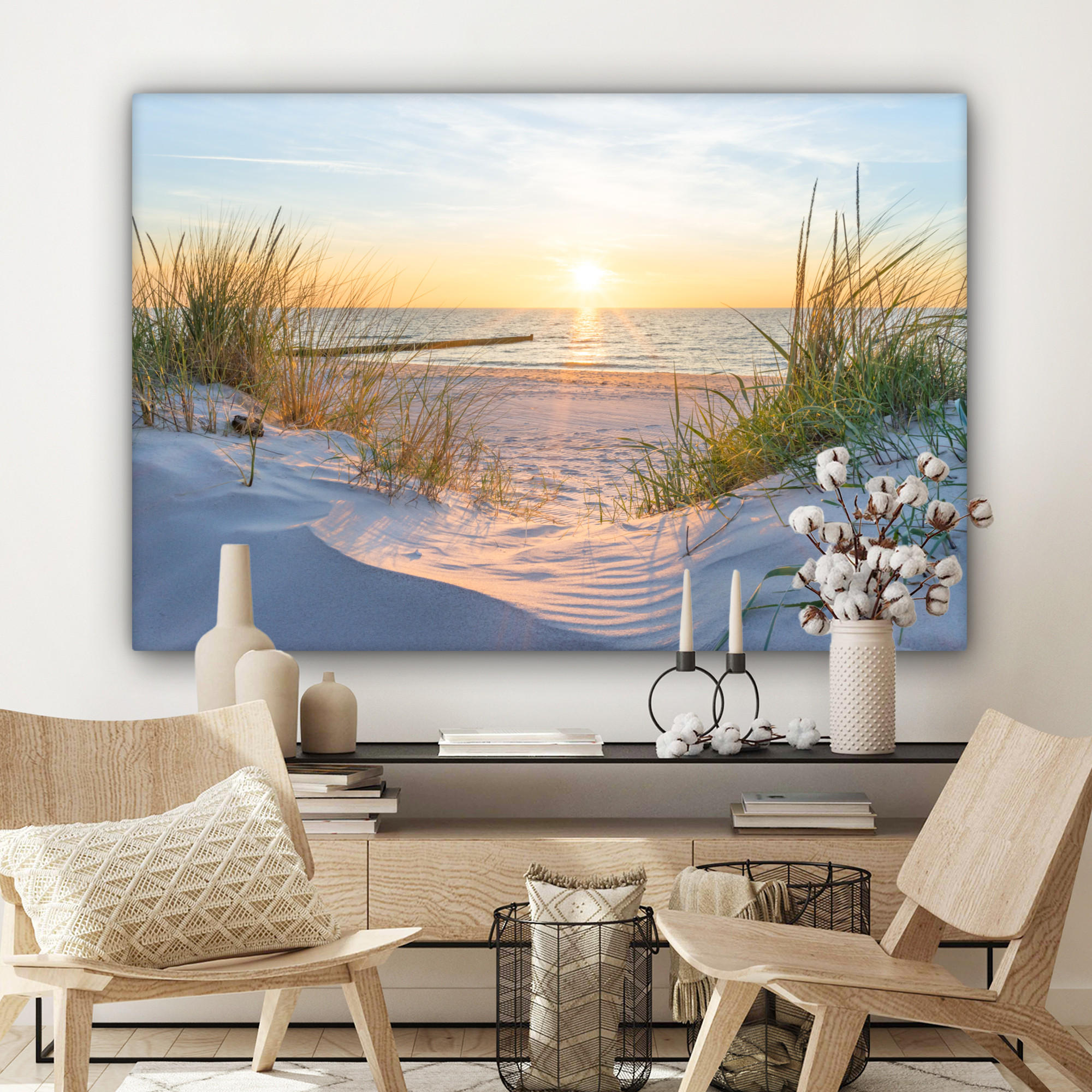 LEINWANDBILD Strand - Sonne - Düne - Gras - Sand - Horizont Wohnzimmer 120x80 cm - Hellblau, Textil (120/80cm) - MuchoWow