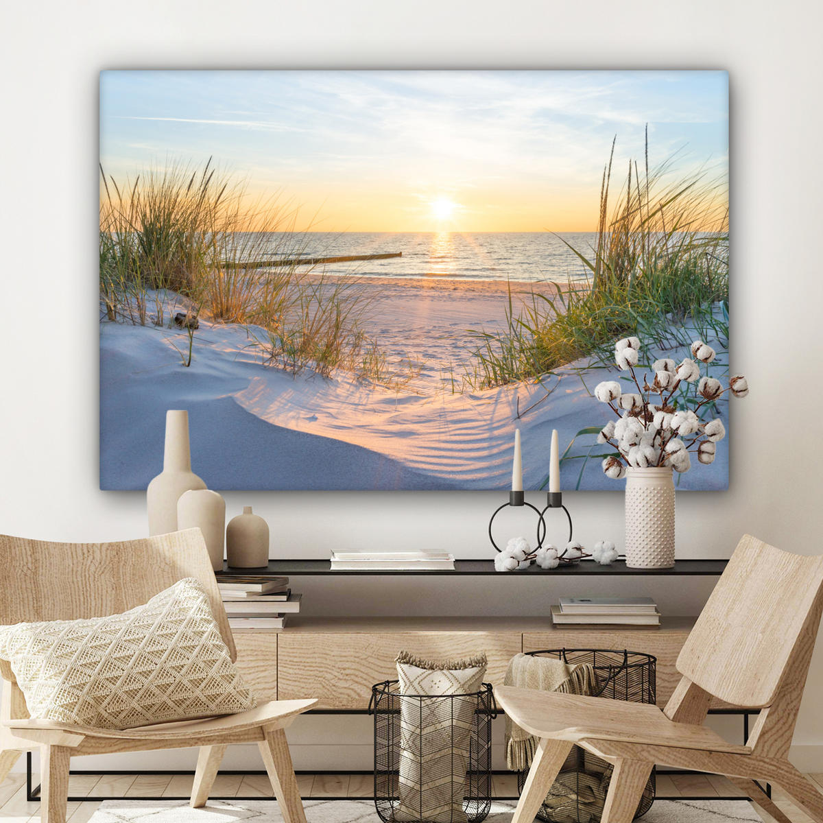 LEINWANDBILD Strand - Sonne - Düne - Gras - Sand - Horizont Wohnzimmer 120x80 cm - Hellblau, Textil (120/80cm) - MuchoWow