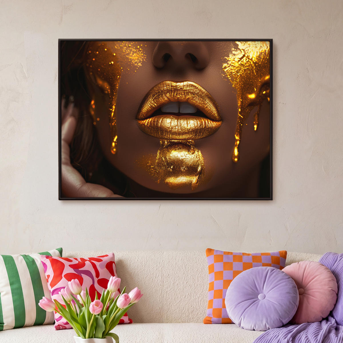 LEINWAND Bilder mit Rahmen - Frau - Gold - Luxus - Porträt - 100x70 - Goldfarben, Textil (100/70cm) - MuchoWow