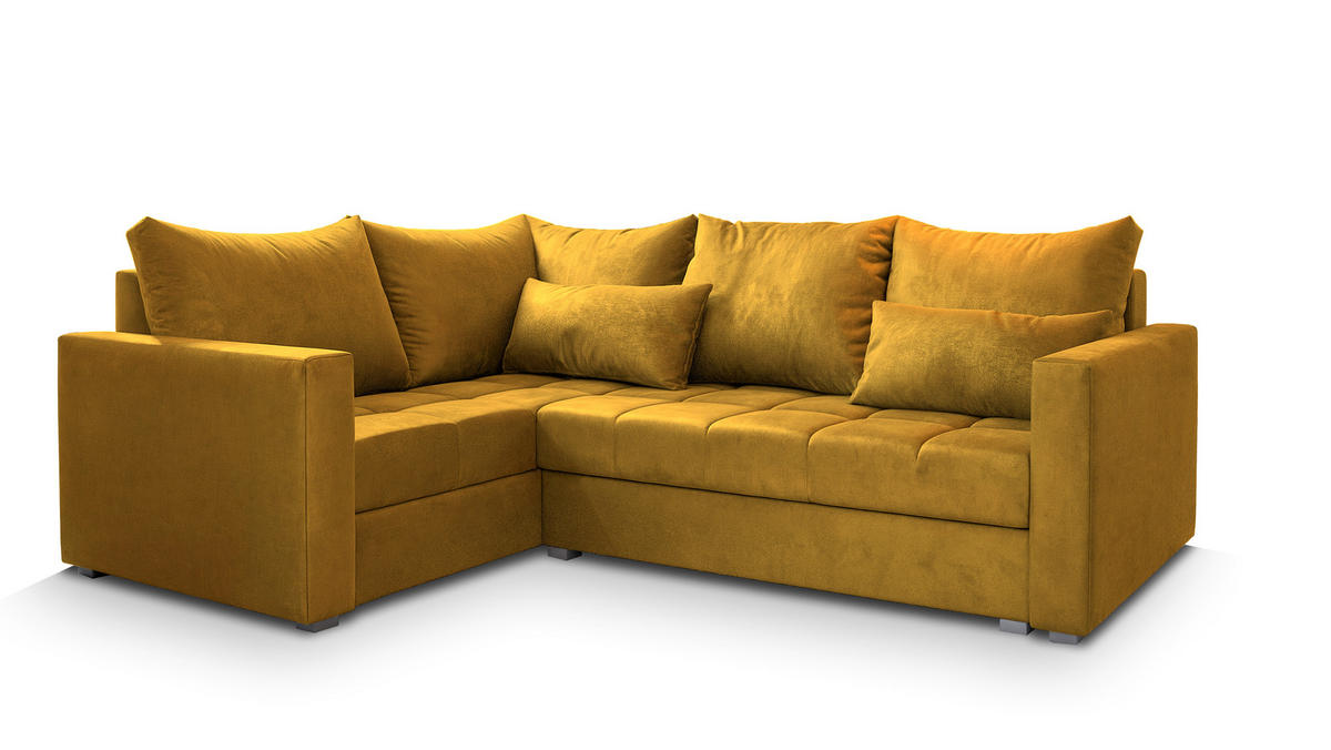 ECKSOFA LIRENO L-S Gelb Plüsch-Stoff mit Schlaffunktion - Gelb, Holz (220/153cm) - MASSENO