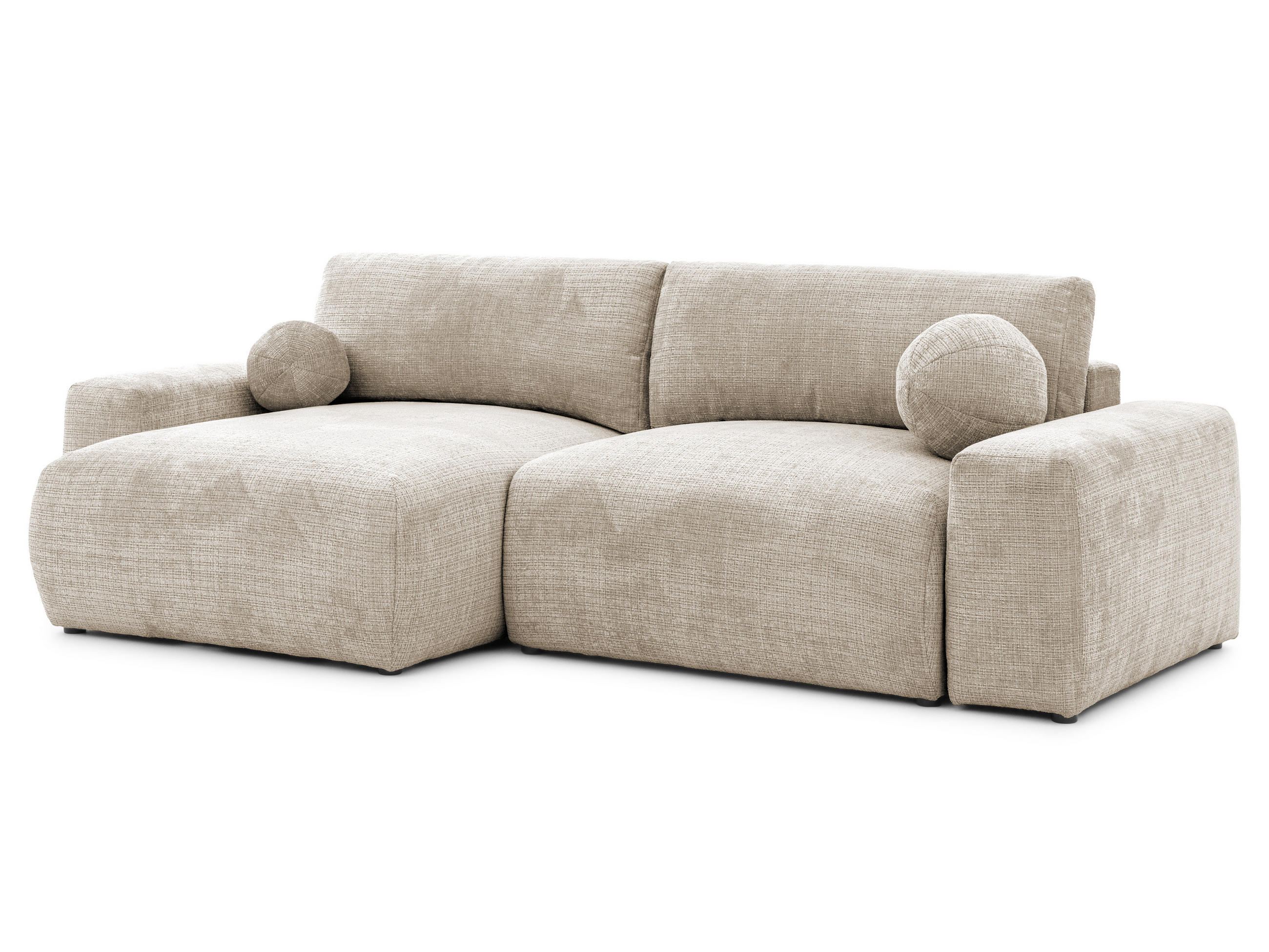 ECKSOFA Puffy mit Schlaffunktion und Bettkasten - besonders weich und puffig aus Dunkelbeige Chenille-Stoff - Ottomane links - Beige/Schwarz, Holz/Kunststoff (138/266cm) - S-Style Möbel