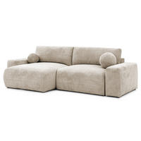 ECKSOFA Puffy mit Schlaffunktion und Bettkasten - besonders weich und puffig aus Dunkelbeige Chenille-Stoff - Ottomane links - Beige/Schwarz, Holz/Kunststoff (138/266cm) - S-Style Möbel