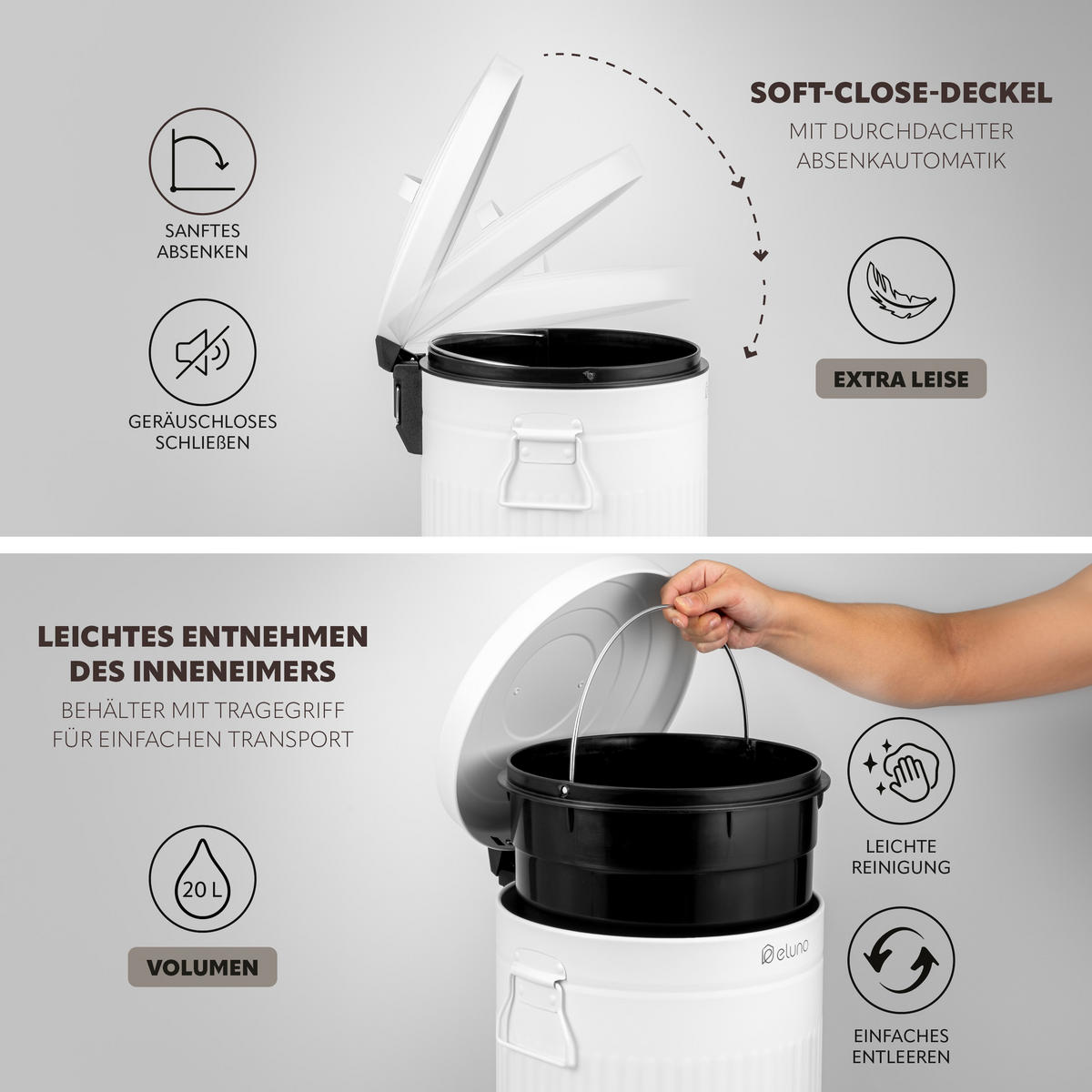 ABFALLEIMER Treteimer VINTAGE, 20 Liter, aus Metall, weiß - Weiß, Metall (30.5/47.5/38cm) - eluno