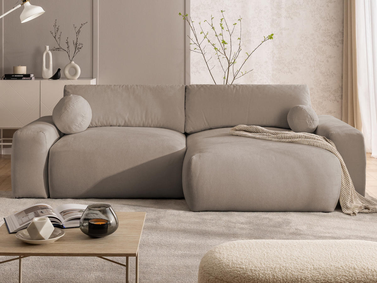 ECKSOFA Puffy mit Schlaffunktion und Bettkasten - besonders weich und puffig aus Greige Webstoff - Ottomane rechts - Greige/Schwarz, Holz/Kunststoff (266/138cm) - S-Style Möbel