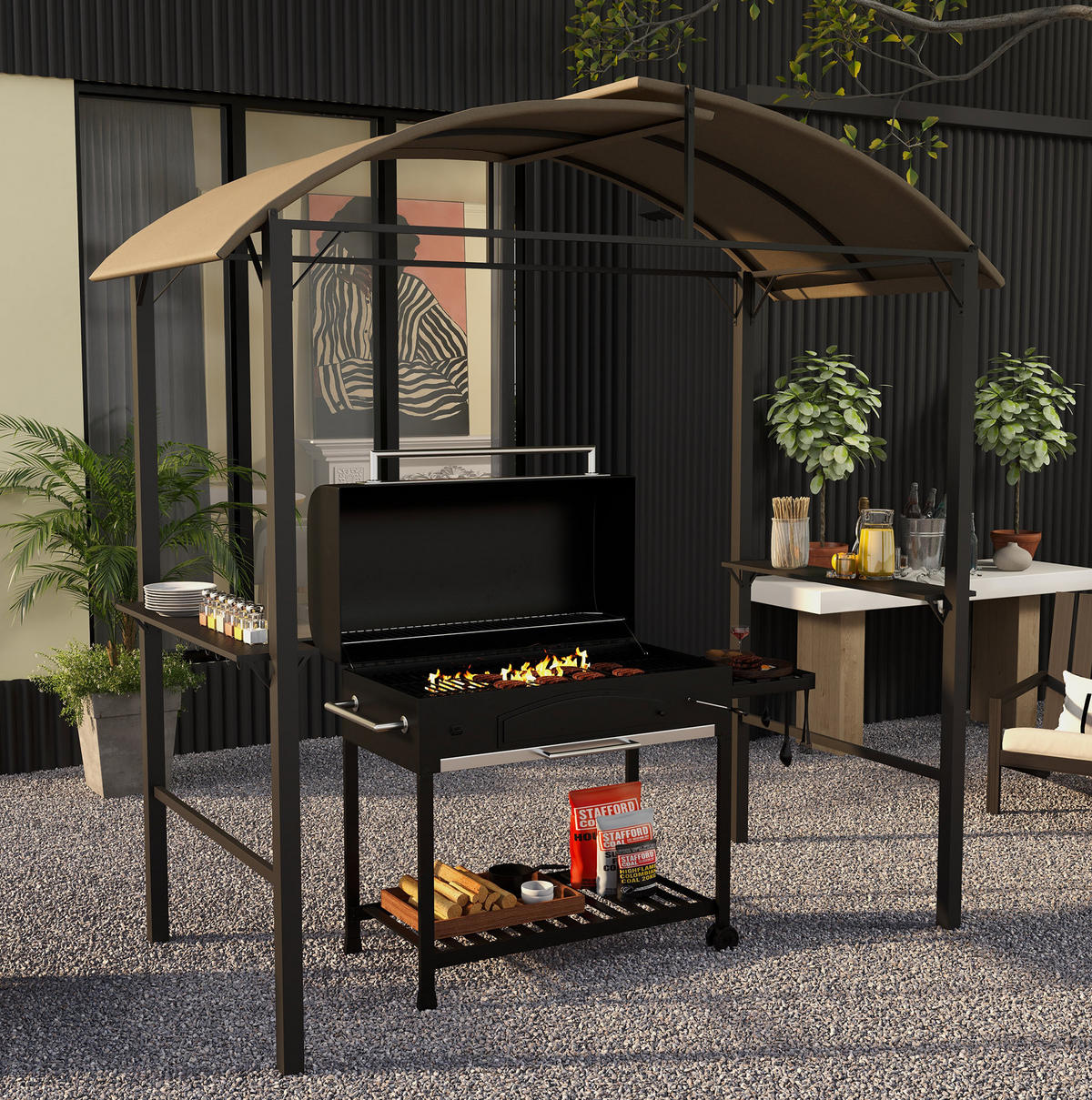 GRILLPAVILLON 233/110/235 cm mit Doppeldach, Seitenablagen und 7 Haken, Khaki - Braun, Metall (110/235/233cm) - Redom