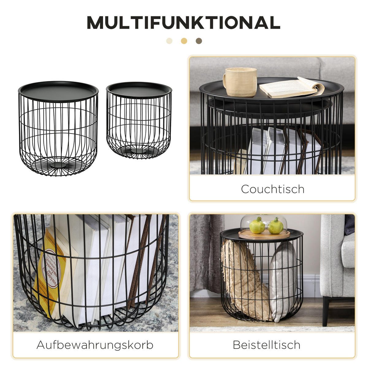 COUCHTISCH Φ40/Φ35 cm Schwarz aus Stahl mit Stauraum - Schwarz, Metall (40/40/40cm) - OKMYHOME