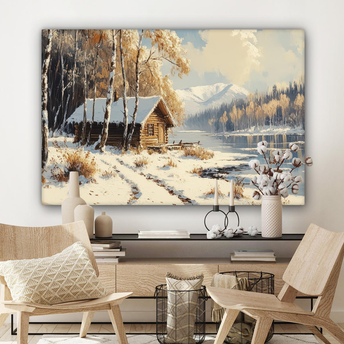 LEINWANDBILD Winter - Schnee - Zuhause - Natur Wohnzimmer Groß 120x80 cm - Hellbraun, Textil (120/80cm) - MuchoWow