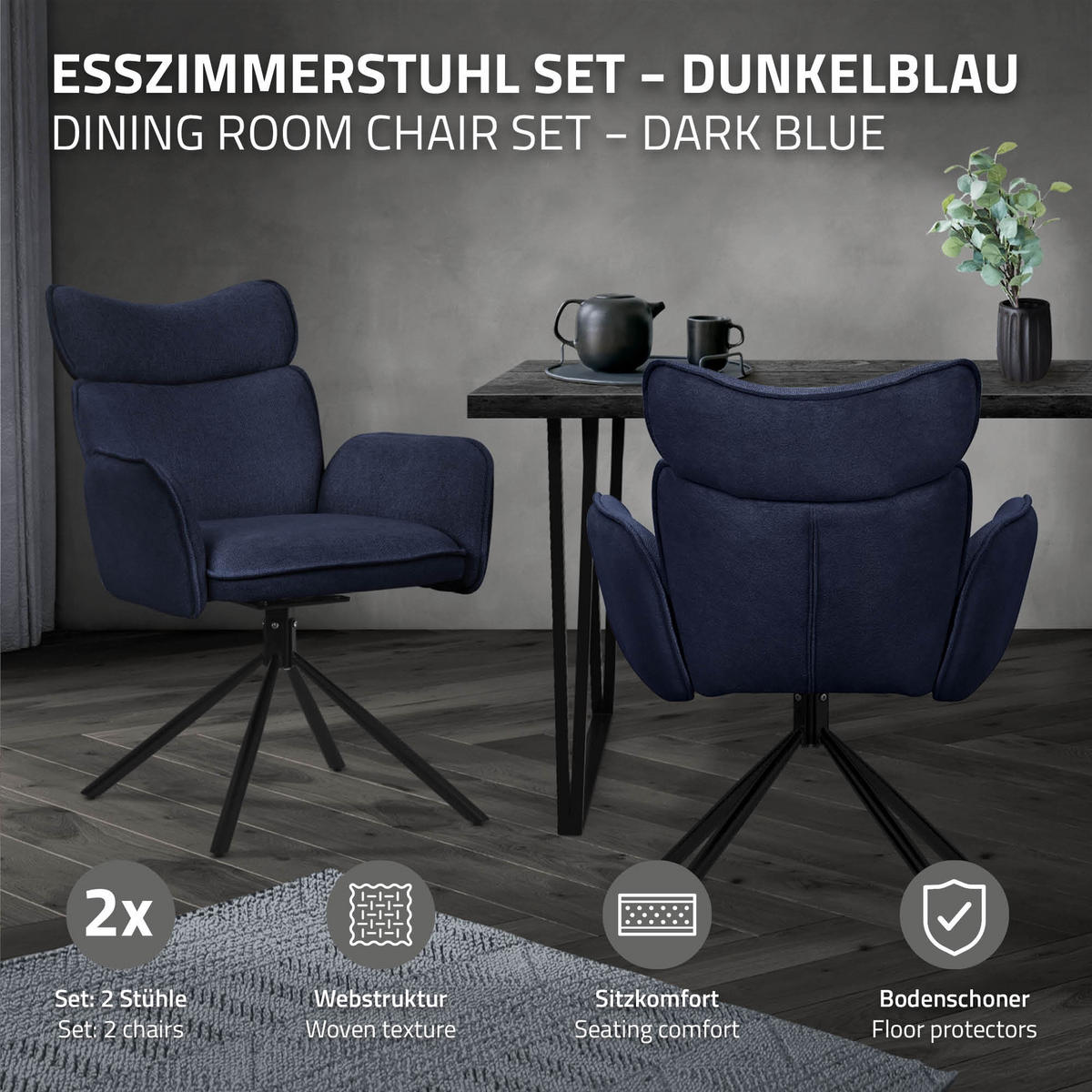 ESSZIMMERSTÜHLE 2er Set drehbar Dunkelblau mit Stoffbezug - Schwarz/Dunkelblau, Textil/Metall (63/89/68cm) - ML-DESIGN