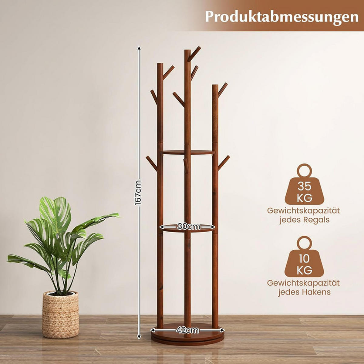 GARDEROBENSTÄNDER 360°drehbar walnuss - Braun, Holz (42/167/42cm) - COSTWAY