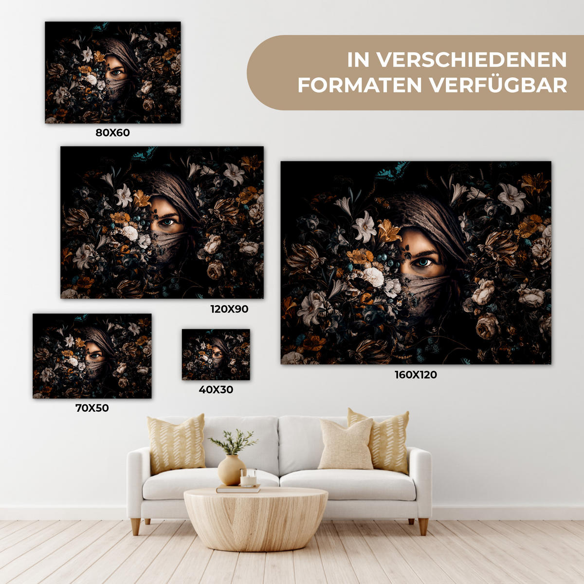 LEINWANDBILD Frau - Luxus - Blumen - Schmetterling - Porträt 40x30 cm - Schwarz, Textil (40/30cm) - MuchoWow