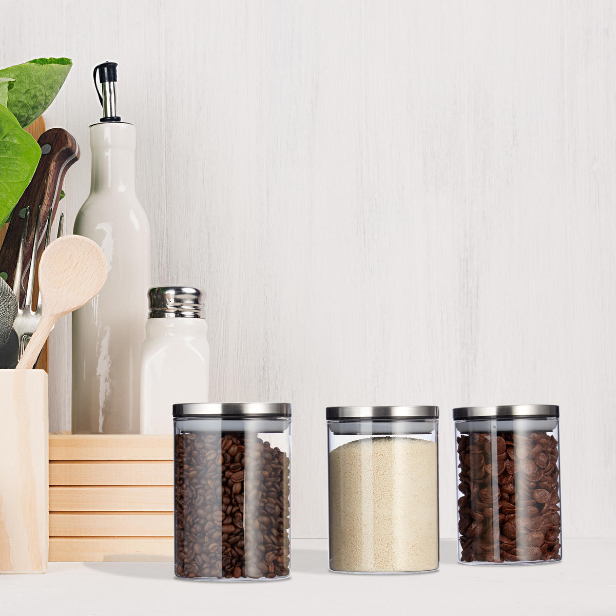 3xVORRATSGLAS - Multicolor, Glas/Kunststoff (9.5/14/9.5cm) - Relaxdays