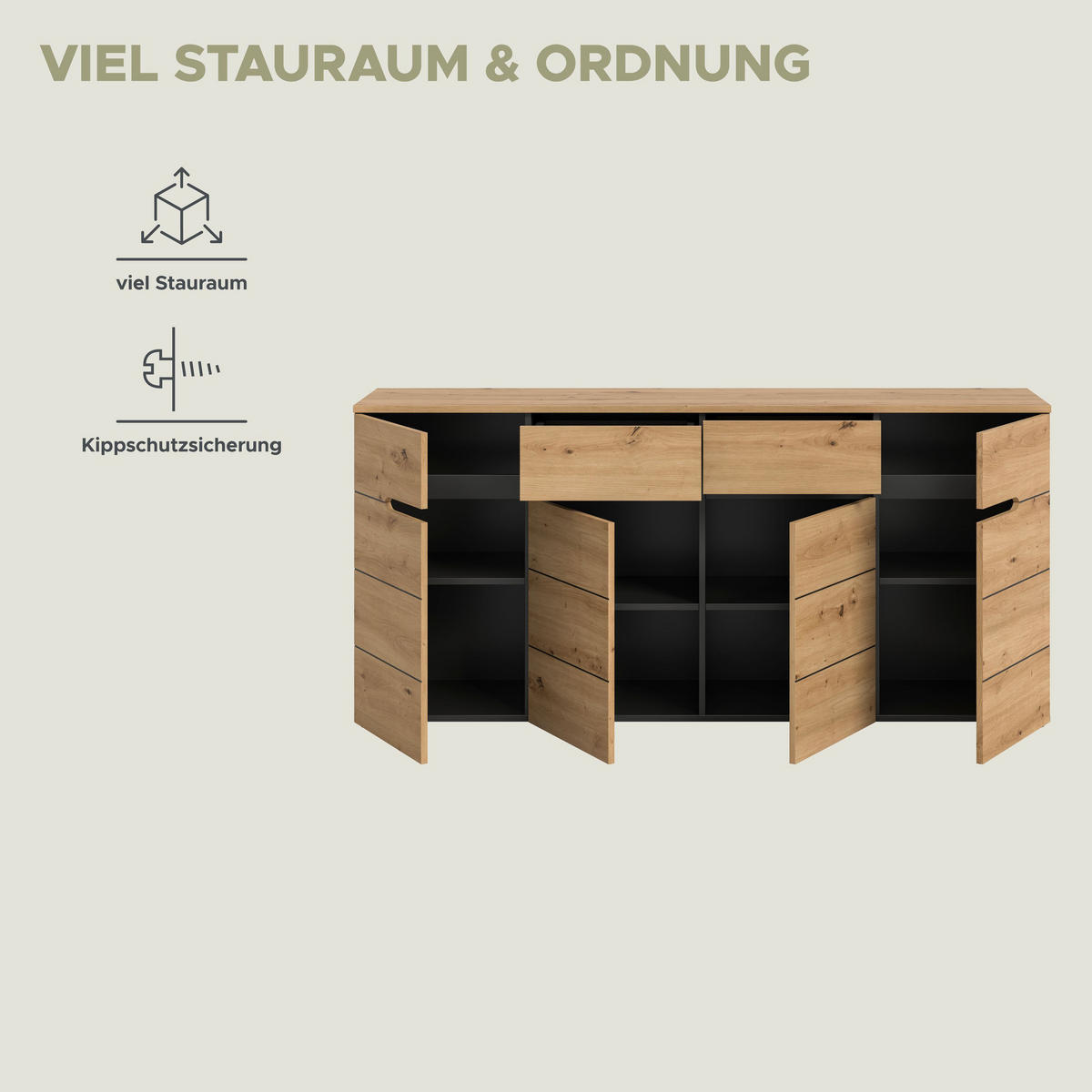 KOMMODE CANU (B/H/T: ca. 173/81/41 cm) in Basalt grau/Artisan Nachbildung - Grau, Holzwerkstoff (173/81/41cm)