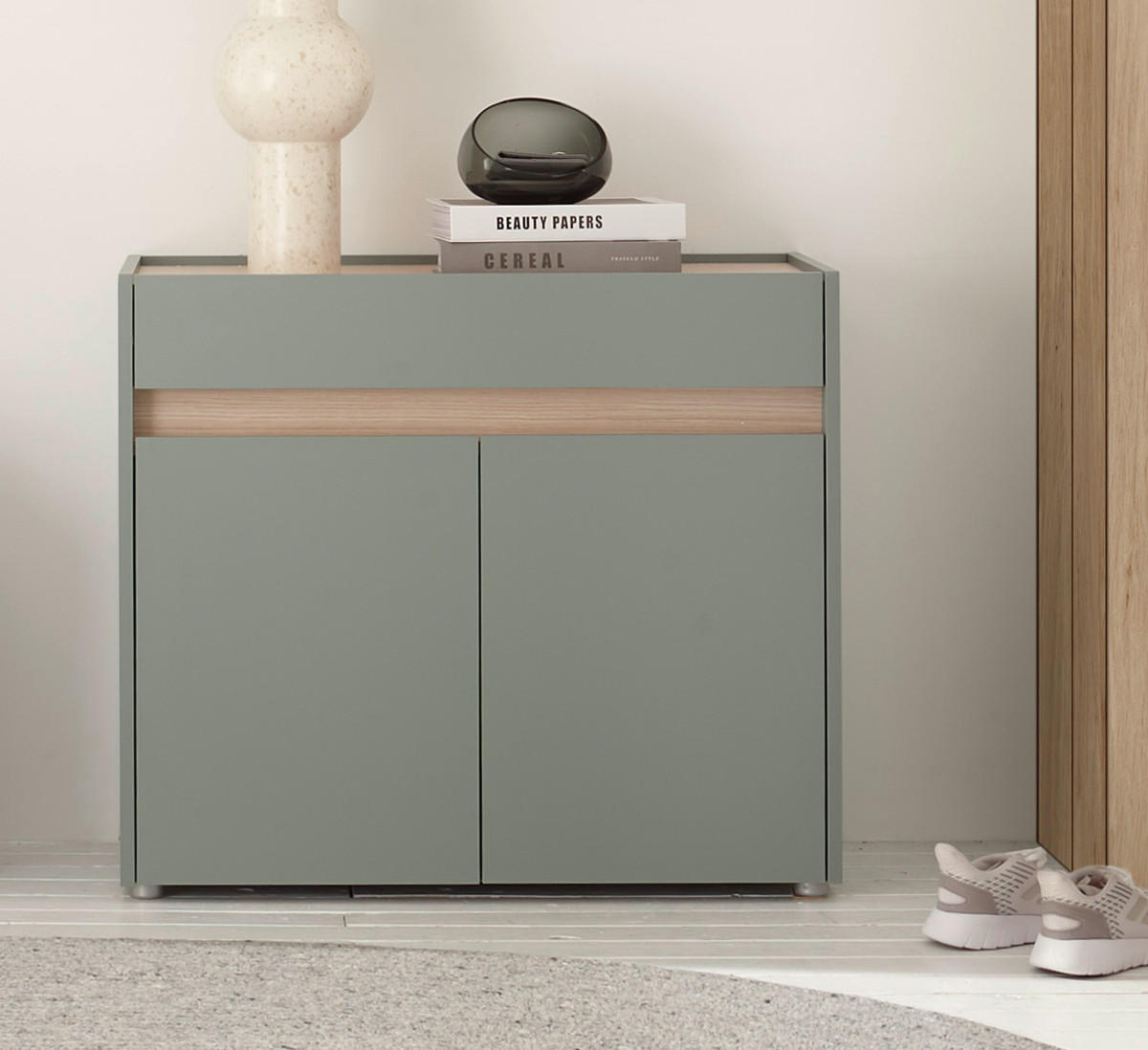 SCHUHSCHRANK Flur Kommode in Salbei Grün mit Eiche, Schubkasten und Fächer, 80 x 70 cm - Salbeigrün/Eichefarben, Holz/Holzwerkstoff (80/70/40cm) - Furn.Design