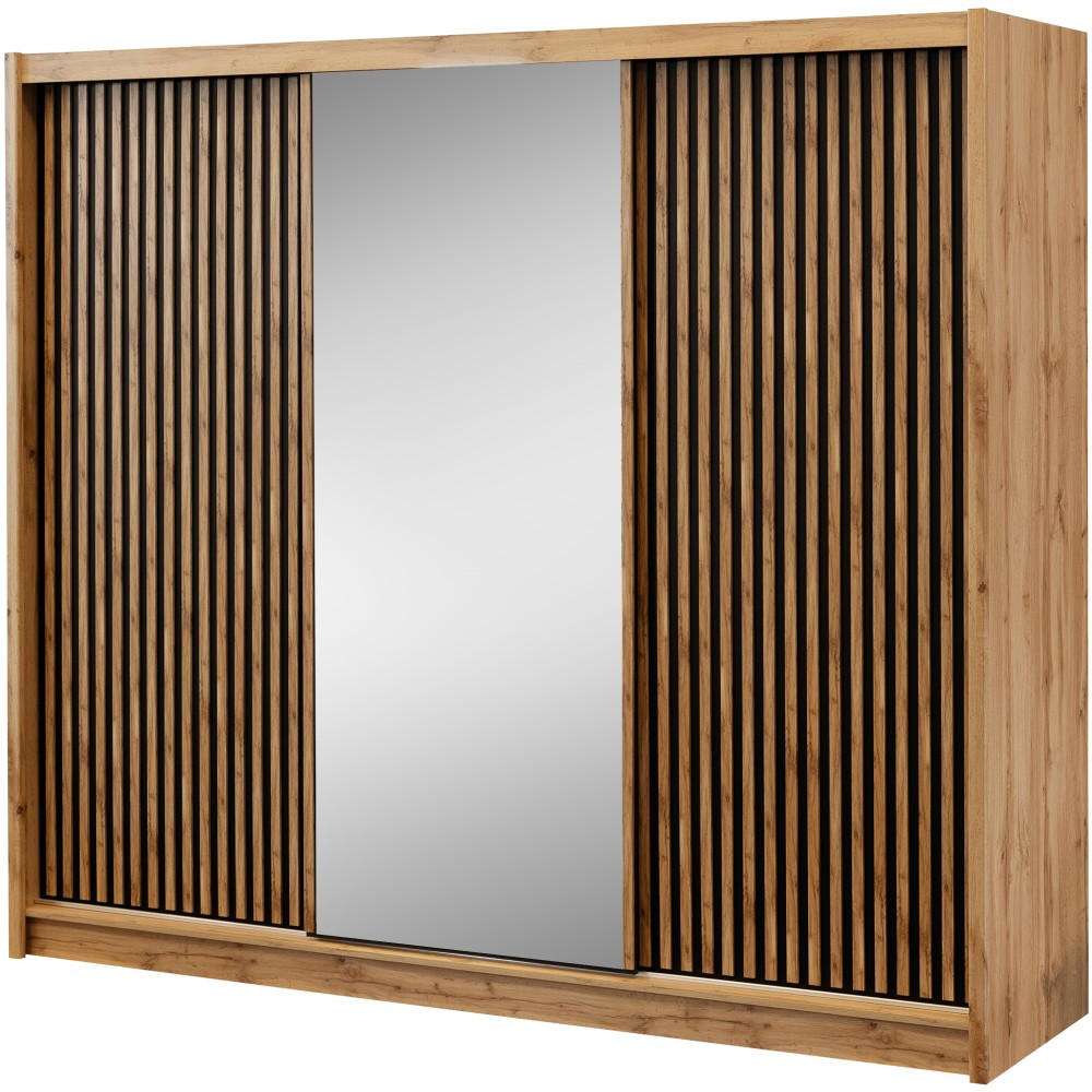 SCHWEBETÜRENSCHRANK Leroy mit Spiegel und Lamellen, 250 cm, Schwarz+eiche Wotan - Eiche Wotan/Schwarz, Holzwerkstoff (250/215/60.5cm) - Beautysofa