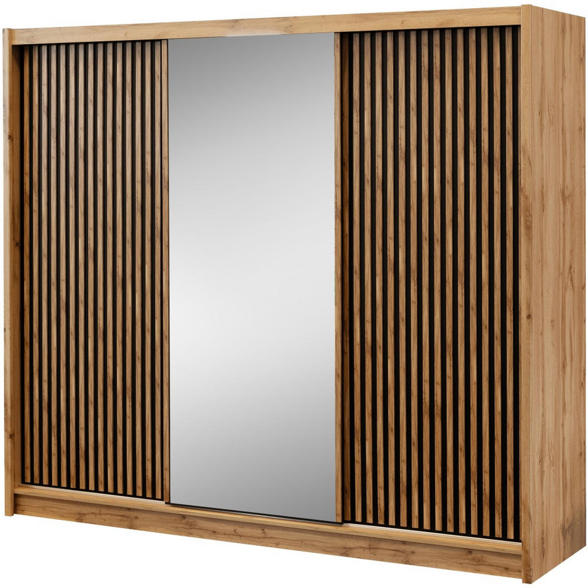 SCHWEBETÜRENSCHRANK Leroy mit Spiegel und Lamellen, 250 cm, Schwarz+eiche Wotan - Eiche Wotan/Schwarz, Holzwerkstoff (250/215/60.5cm) - Beautysofa