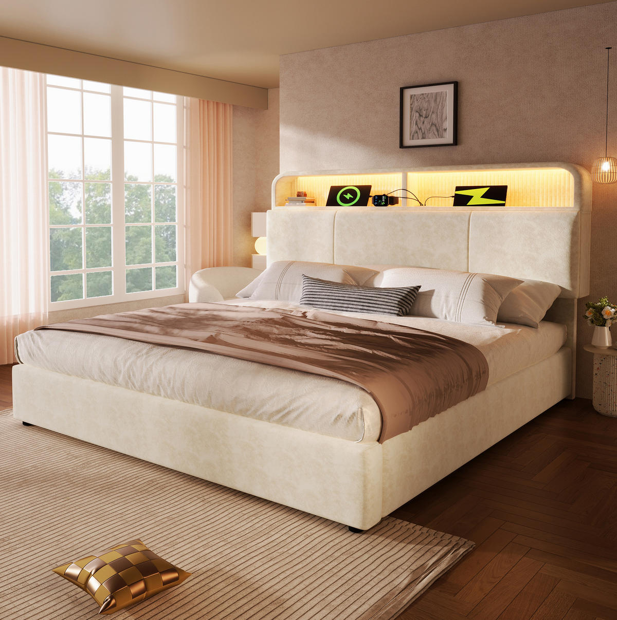 POLSTERBETT 160/200 cm Beige mit höhenverstellbarem Stauraum-Kopfteil und Matratze - Beige, Textil (160/200cm) - OKWISH