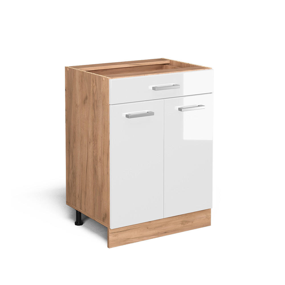 KÜCHENUNTERSCHRANK R-Line Weiß Hochglanz 60 cm mit Schublade, ohne AP - Honigeiche/Weiß Hochglanz, Holzwerkstoff (60/81.6/46cm) - Vicco