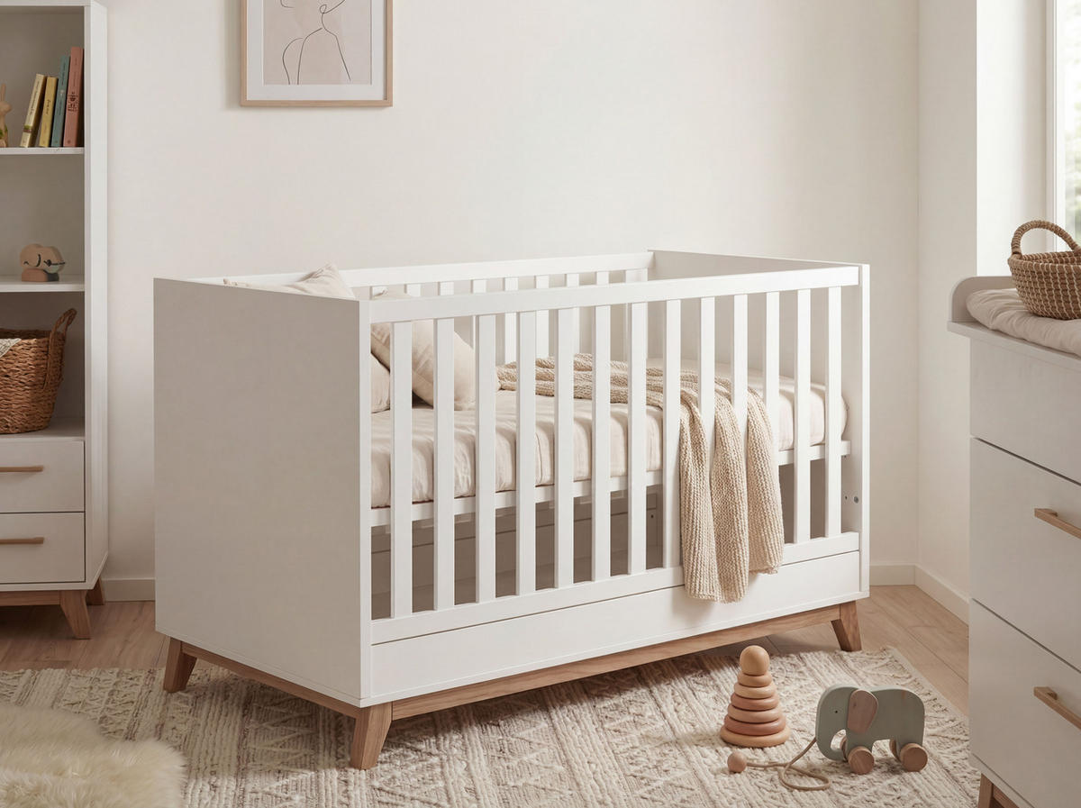 BABYBETT Lina 4x höhenverstellbar Weiß/Waluss - Walnussfarben/Weiß, Holz/Holzwerkstoff (70/140cm) - arthur berndt