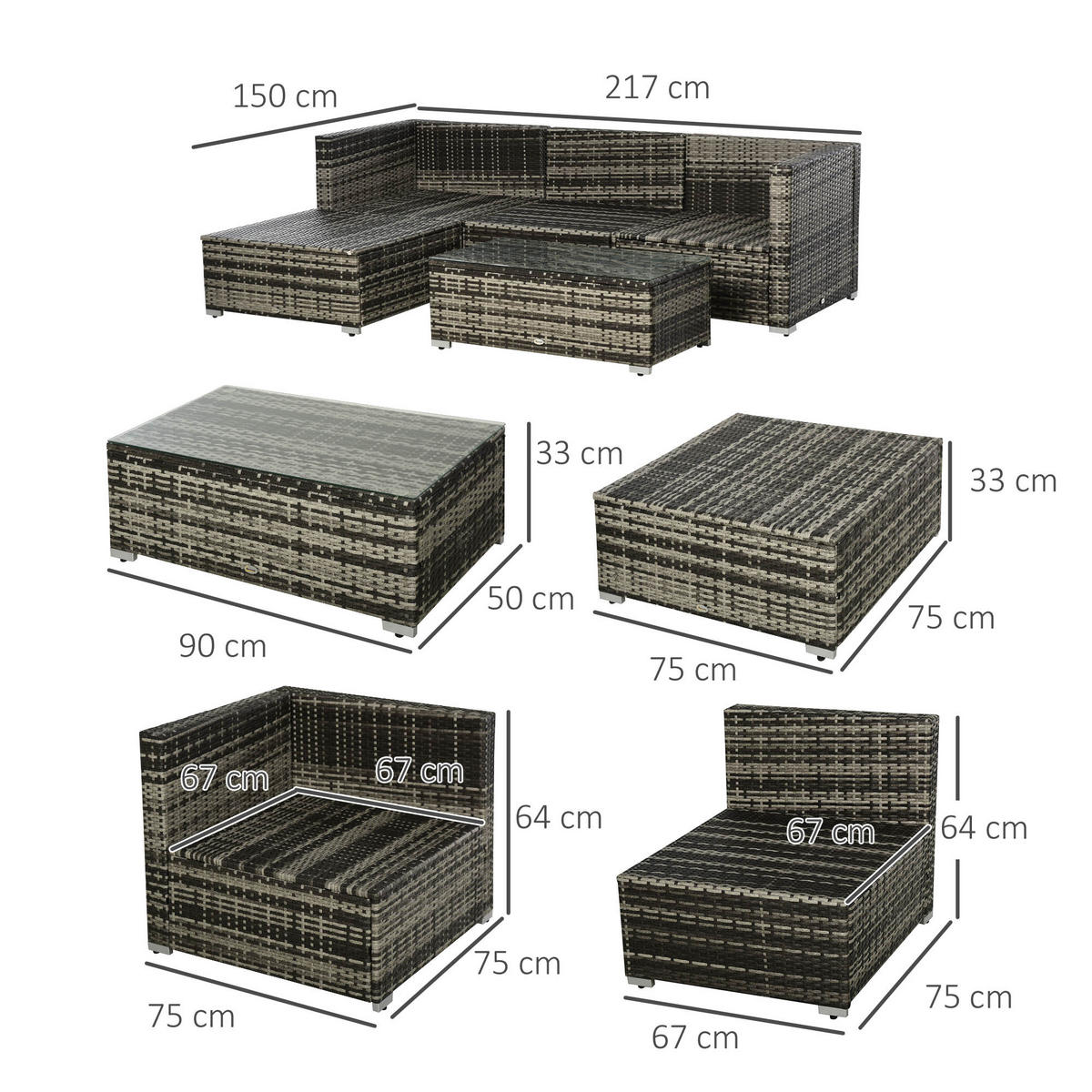 GARTENMÖBEL Set, Metall, PE-Rattan, Grau - Grau, Metall - Outsunny