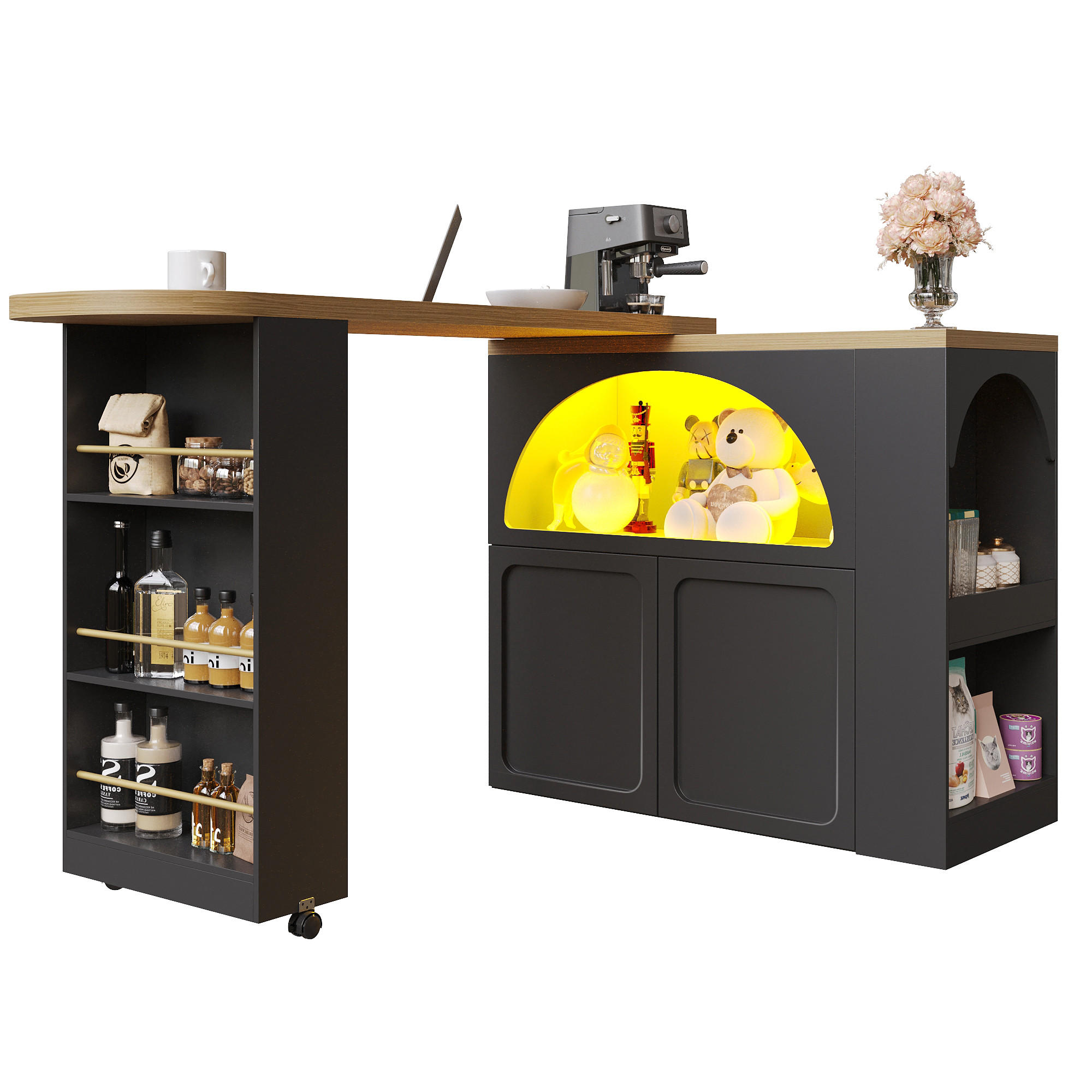 BARTISCH Ausziehbar 138-220cm Holzoptik mit Weinregal & Schubladen - Schwarz, Holzwerkstoff (39/205/100cm) - Urban Meuble