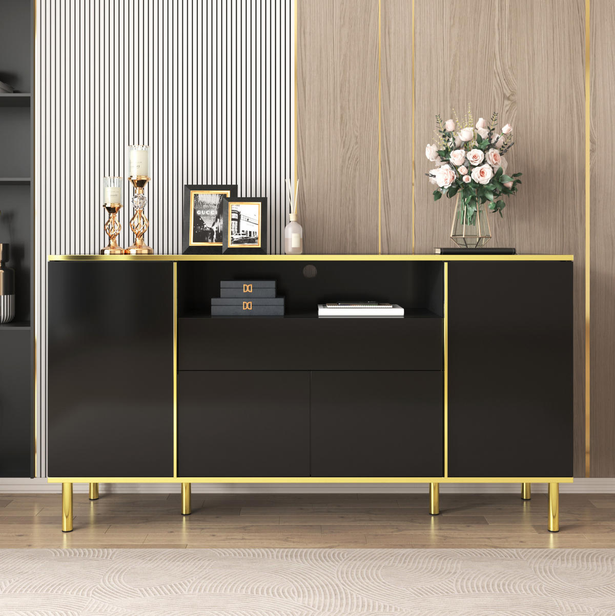 KOMMODE aus MDF & Spanplatte 150x40x80cm in Schwarz mit LED-Beleuchtung - Schwarz, Holzwerkstoff (150/80/40cm) - Modfu