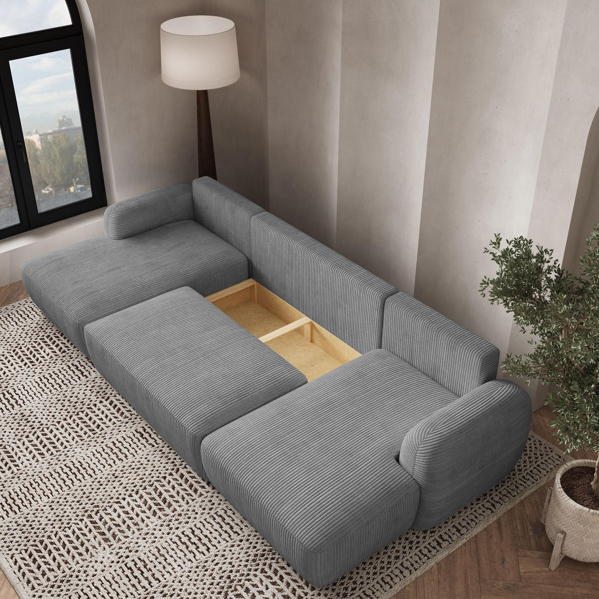 WOHNLANDSCHAFT SAVONA P Grau Kordstoff mit Schlaffunktion - Grau, Holz (320/90/148cm) - MASSENO