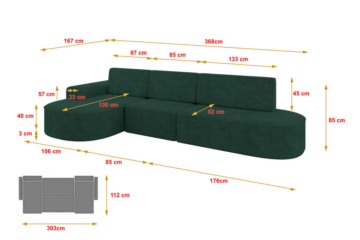 ECKSOFA mit Schlaffunktion Ottomane Links MARI L2-S 368X167X85 Grün Velours - Waldgrün/Schwarz, Holzwerkstoff/Kunststoff (368/167cm) - ALTDECOR