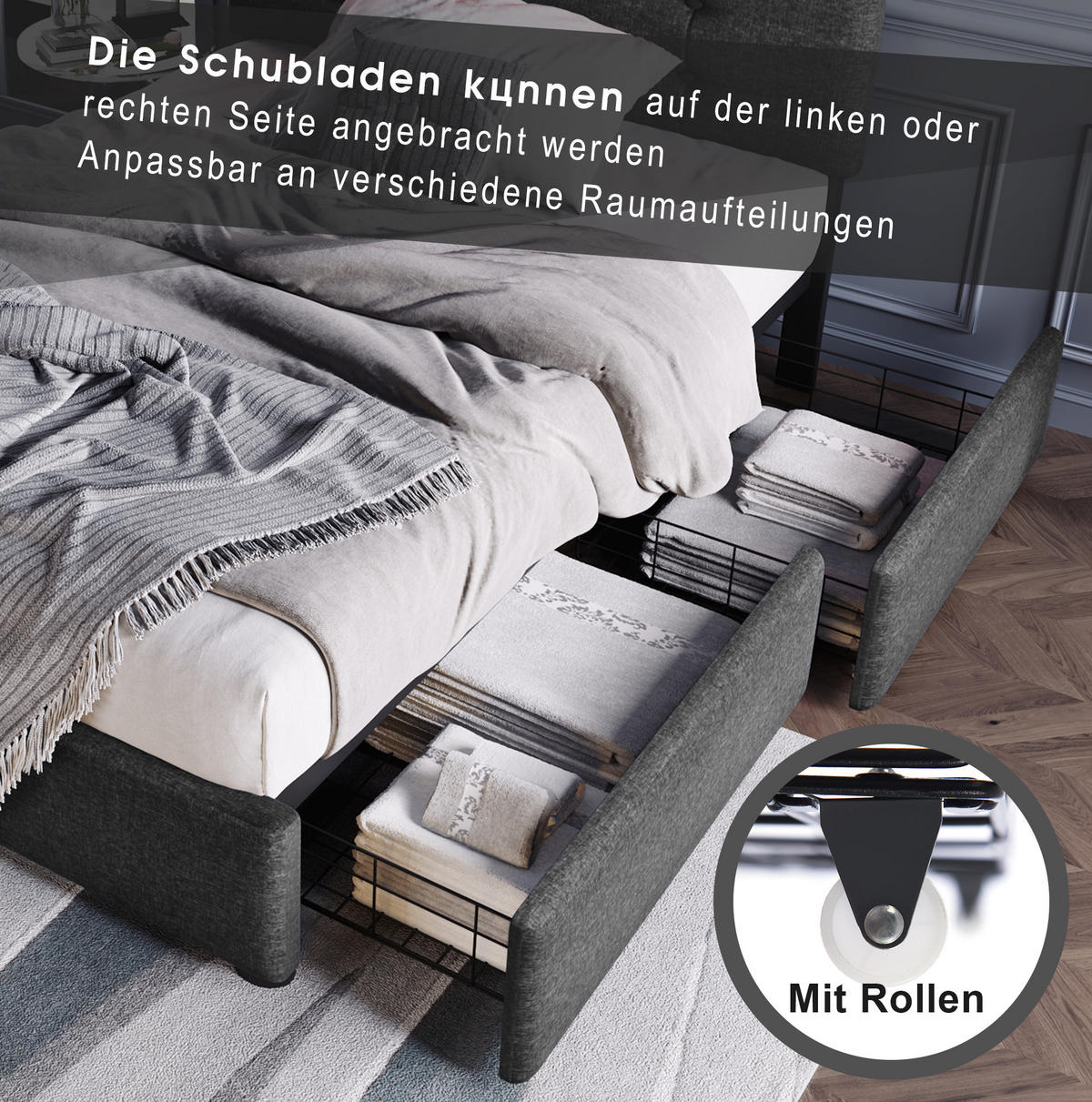 POLSTERBETT 90/200 cm Grau aus Leinen mit LED-Beleuchtung und 2 Schubladen - Grau, Textil (90/200cm) - OKMYHOME