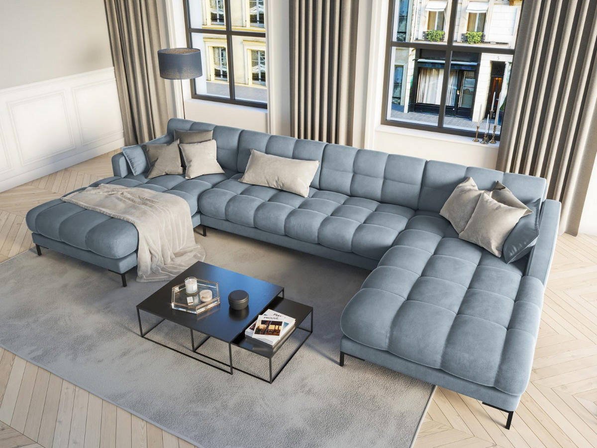 PANORAMASOFA Mamaia aus Samt hellblau 6 Sitzplätze - Hellblau, Textil (185/75/383cm) - Micadoni
