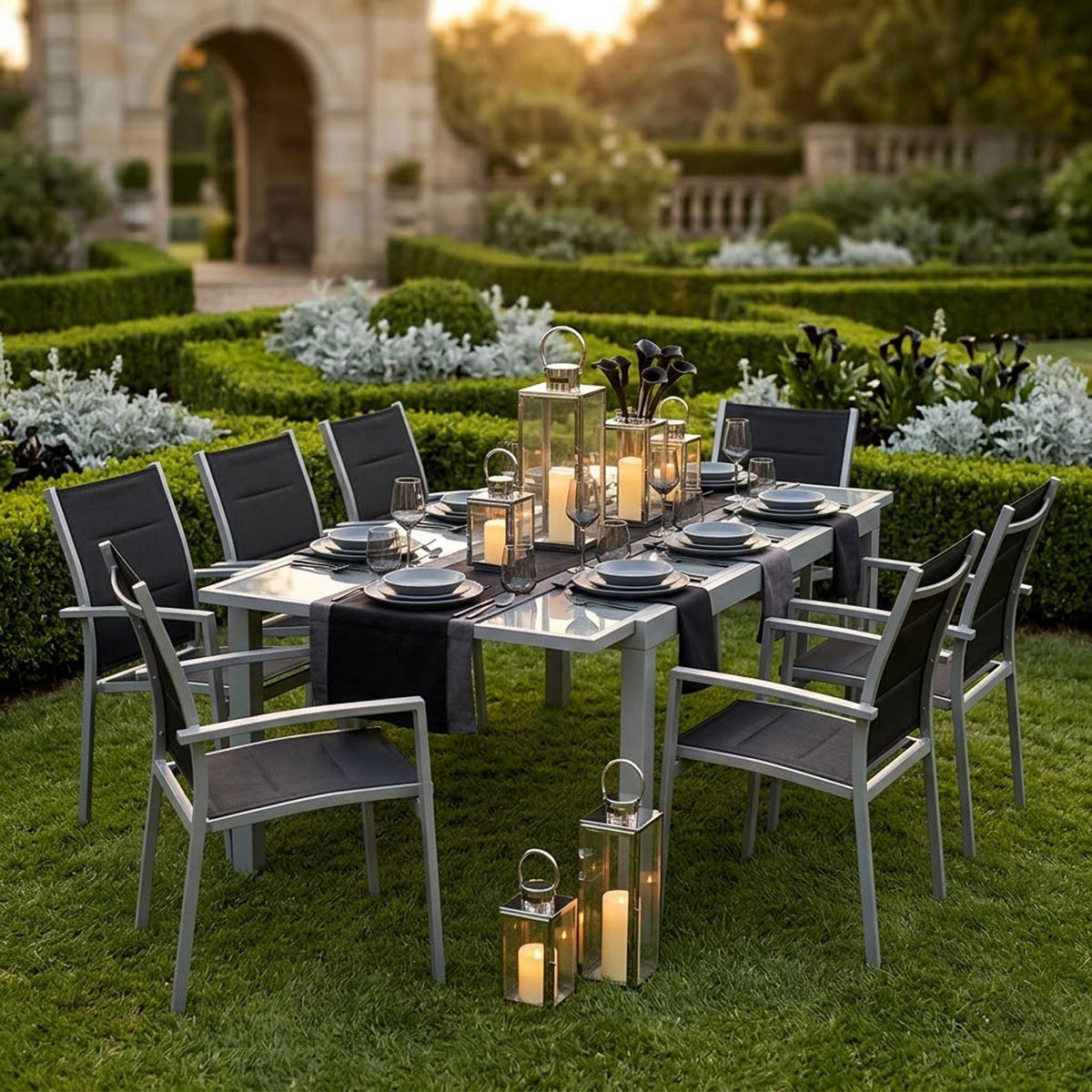 GARTEN-GARNITUR Ashford - 9-teilige Garten-Essgruppe (8x Stapelsessel mit Aluminiumgestell, Bespannung Textillehne schwarz, Ausziehtisch - Schwarz, Metall - TPFGarden