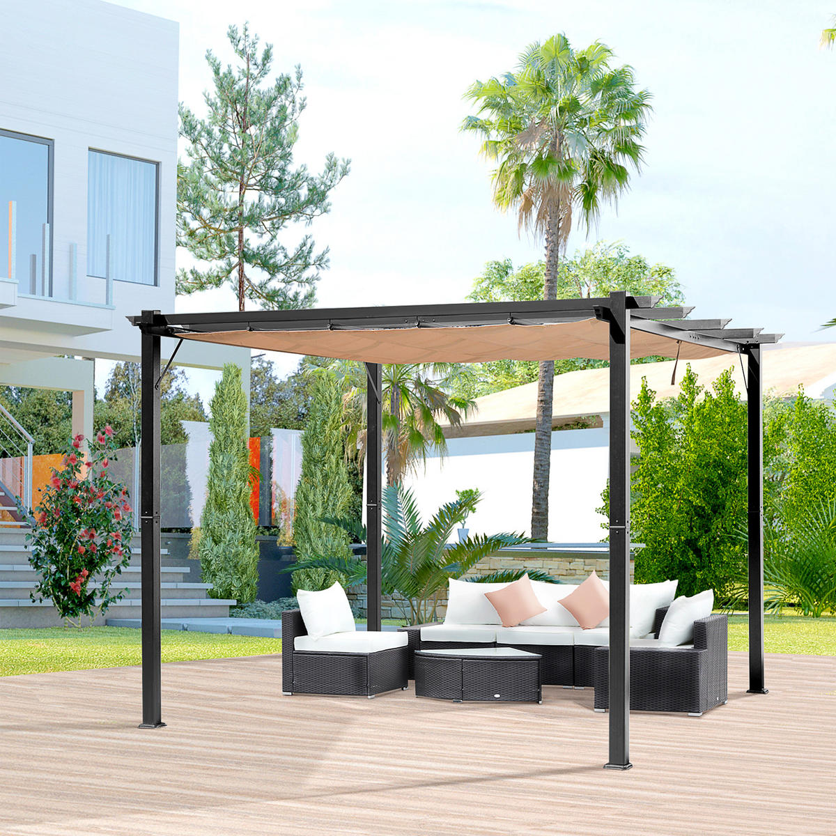 PERGOLA Pavillon mit einstellbarem Stoffdach 3 x 4 m Terrassen-Vordach Aluminium Sonnenschutz Überdachung Terrasse Garten Grau+Braun - Graubraun, Metall (300/223/400cm)
