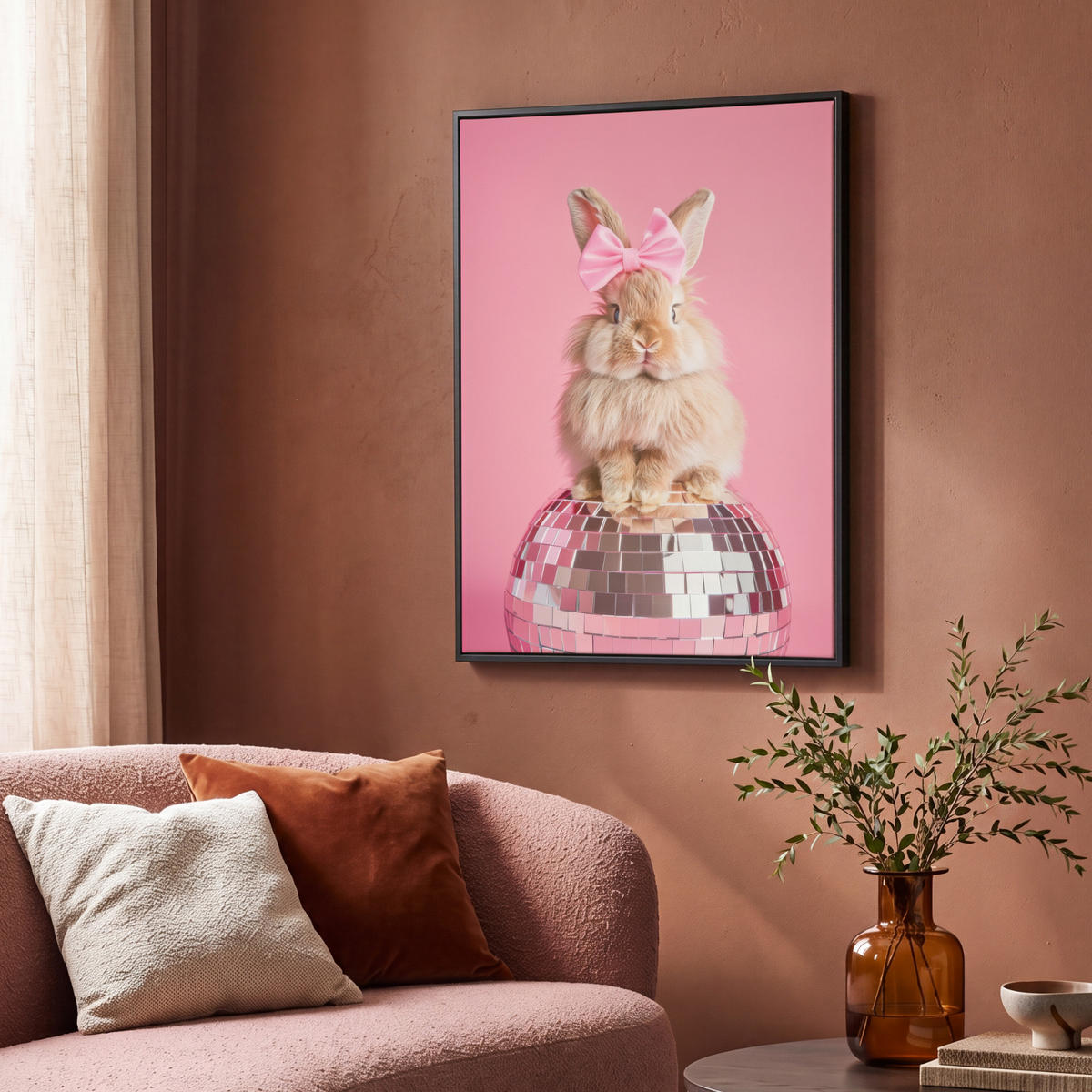 LEINWAND Bilder mit Rahmen - Schleife - Discoball - Kaninchen - 70x100 - Pink, Textil (70/100cm) - MuchoWow