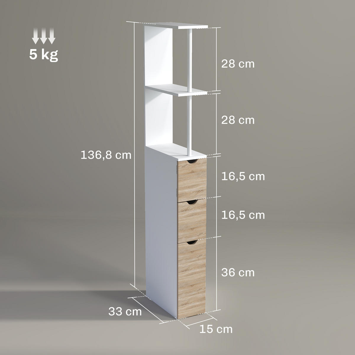 HOCHSCHRANK DE-12500 15/33/137 cm mit 2 Türen Weiß - Naturfarben, Holzwerkstoff (15/136.8/33cm) - ComfortXL