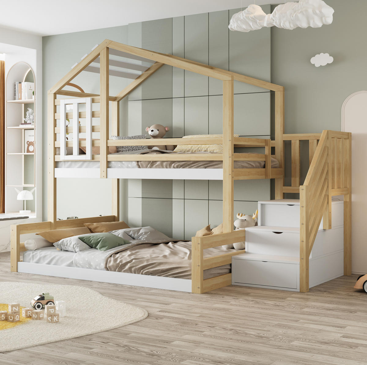 HAUSBETT 90/200 & 140/200 cm aus Kiefernholz mit Treppe und Stauraum - Naturfarben, Holz (90/200cm) - BEAOK